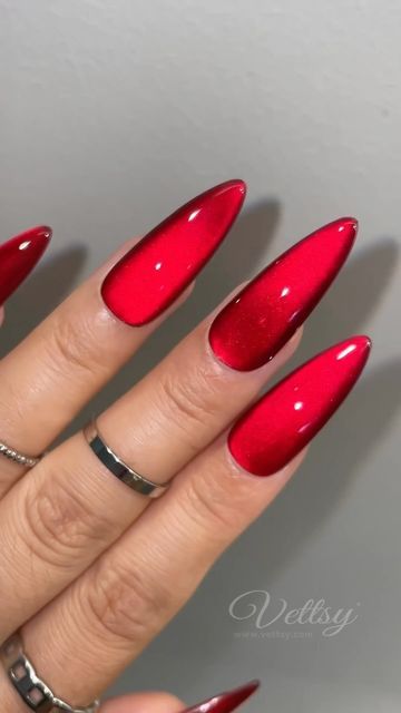 Vettsy on Instagram: "🗡️❤️ Red Velvet Cat Eye Nails for Halloween & daily wear 💅 What do you think? 🥰

🛒Products Used:
✨Super Cat Eye Gel-Fine
✨Hema-Free Gel-Passion

👉 Shop the same nail supplies via my bio or visit vettsy.com

Follow @vettsystore & @vettsynails for more nail inspiration 🧚‍♀️

👭Tag friends who would like this👭

#vettsynails #nailsathome #rednails #velvetnails #bloodynails #stilettonails #cateyenails #redcateyenails #halloweennails #halloweennailsdesign #halloweennailart #nailinspo" Red Winter Nails Design, Glass Red Nails Designs, Fancy Red Nails Classy, Bright Red Cat Eye Nails, Red Glass Nails Acrylic, Red Stiletto Nails Christmas, Red Almond Nails Valentines Day, Red Cat Eye Acrylic Nails, Red And Silver Cat Eye Nails