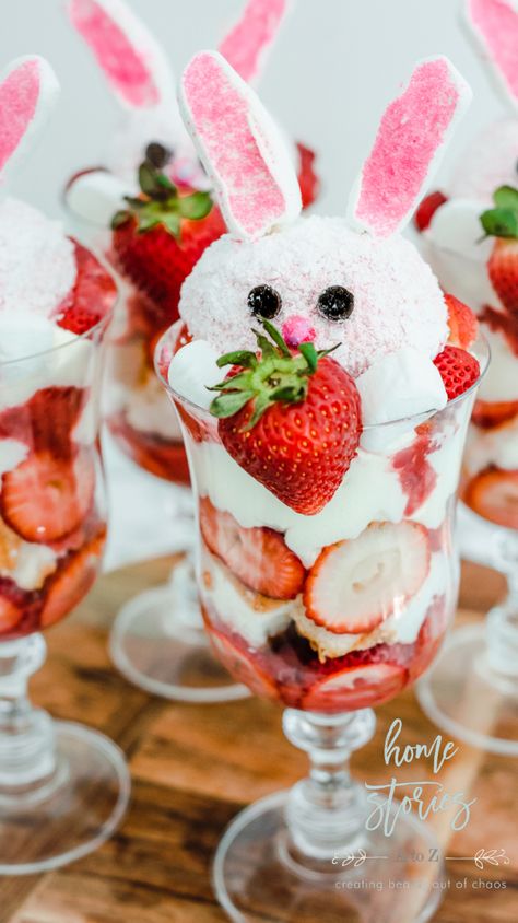 Strawberry Shortcake Easter Bunny Parfait Recipe | Home Stories A to Z Easter Bunny Parfait, Strawberry Shortcake Easter, Bunny Strawberries, Easter Parfait, Strawberry Triffle, Easter Trifle Desserts, Bunny Parfait, Strawberry Parfait Recipes, Easter Strawberry