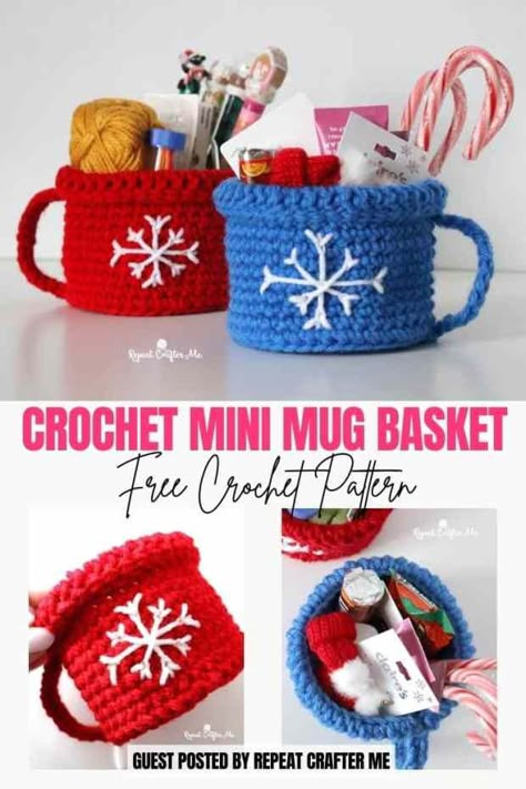 Crochet Christmas Box Free Pattern, Crochet Present Box Pattern Free, Crochet Christmas Mug Jumper, Crochet Mini Christmas Present, Crochet Gifts For Office, Crochet Christmas Candy Holder, Crochet Christmas Jar Covers, Free Christmas Patterns Crochet, Christmas Cozy Crochet