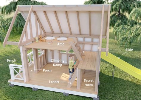 Playhouse Floor Plans, Diy Two Story Playhouse, Two Story Playhouse Plans, Tree House Designs For Kids, Play Structure Plans, Fort With Slide, Play House Plans, 2 Story Playhouse, Playroom Slide