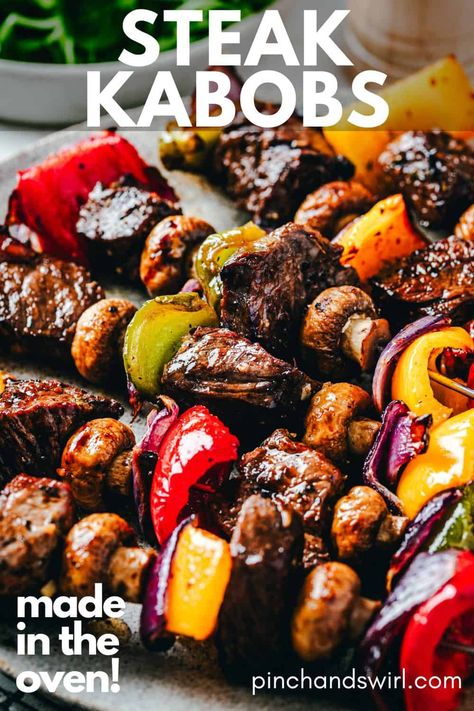 Steak Kabobs in the Oven Grilled Beef Kabobs, Marinated Steak Kabobs, Grilled Steak Kabobs, Kabob Marinade, Beef Kabob Recipes, Steak Skewers, Grilled Kabob Recipes, Steak Kebabs, Baked Steak