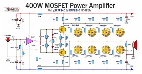 400W MOSFET Power Amplifier Circuit Diagram using IRFP9240 & IRFP240 Mosfet Amplifier Circuit, Power Amplifier Circuit Diagram, Amplifier Circuit Diagram, Valve Amplifier, Electronics Diy, Circuit Board Design, Diy Amplifier, Electronic Schematics, Electronic Circuit Projects