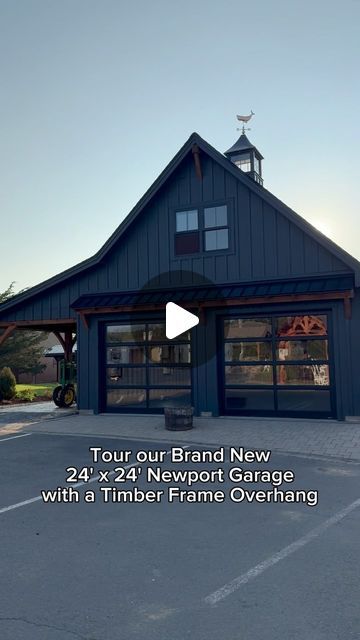 The Barn Yard on Instagram: "Check out the newest update to our Ellington Location: a brand new 24' x 24' Newport Garage! This garage features our standard one and a half stories and a cape-style roof, with some upscale changes that elevate the look of the garage. Take notice of the 9' x 8' full view glass overhead doors, the board and batten siding, and the 10' x 24' Timber Frame Overhang.  . #thebarnyard #thebarnyardstore #buildersofinsta #customgarage #garage #newportgarage #timberframe #leanto #boardandbatten #ellington #garagegoals #twocargarage #capestyle #custombuilder #buildersofinstagram" Board And Batten Shop Exterior, Detached Garage Different Color Than House, Garage With Mudroom To House, Building A Garage On A Budget, Backyard Garage And Patio, Detached Garage Ideas Breezeway, Garage With Breezeway To House, Garage Ideas For Men, Carport To Garage Conversion