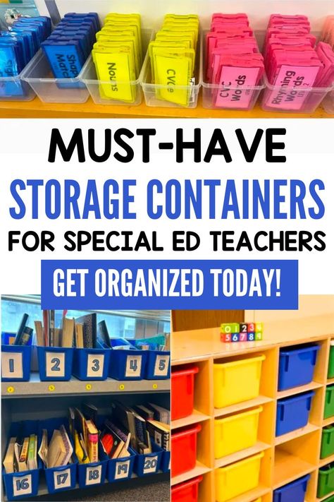 Do you love having good teacher organization? As a special ed teacher, there are a lot of materials to keep organized. Using stackable boxes or photo boxes in the classroom is a must to keep all of your task cards organized. Colored book boxes or containers without lids work well for books and small group supplies. Mesh zipper pouches help organize substitute teachers and paraprofessionals for supplies they might need. Check out my full list of being organized in my special ed classroom! Special Ed Organization, Special Ed Classroom Organization, Sped Teacher Organization, First Year Special Education Teacher Must Haves, High School Task Boxes Special Education, Task Box Organization Special Education, Task Boxes For Middle School Special Education, Sped Organization, Functional Task Boxes For Special Education