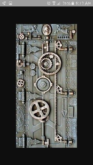 Steampunk'd door Creative Accent Wall Ideas, Steampunk Door, Neon Day, Affordable Room Decor, Black Light Party, Tips For Artists, Steampunk Furniture, Steampunk Mixed Media, Rustic Cafe