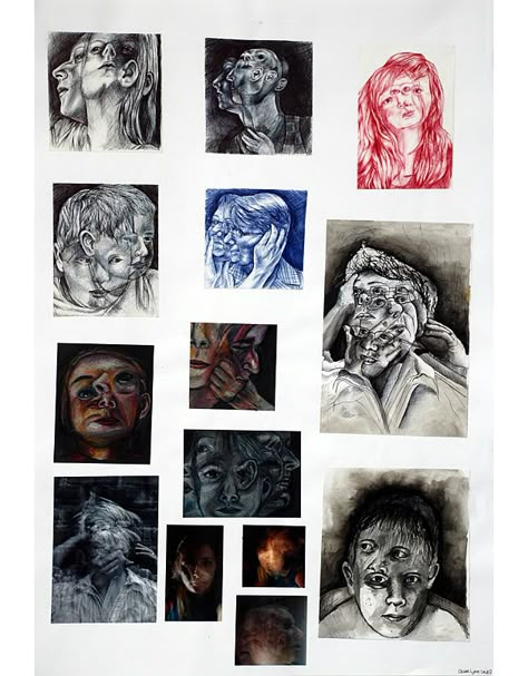 A thorough and comprehensive A2 Art folder: this page illustrates the large range of media that Claire explored in her work. Double Portraits, Strong Drawing, Art Final Piece, Get Better At Drawing, Advanced Higher Art, Sketchbook Layout, Art Alevel, Gcse Art Sketchbook, A Level Art Sketchbook