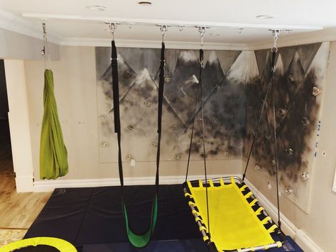 Swings In Basement, Indoor Swings For Kids, Inside Playground, Nugget Ideas, Sensory Gym, Sensory Swing, Home Game Room, Basement Playroom, Playground Ideas