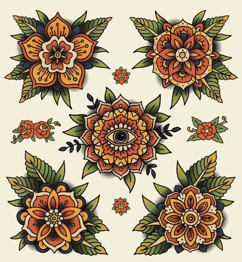 Traditional Tattoo Flower, Traditional Tattoo Vector, Traditional Mandala Tattoo, Flowers Types, Mandala Flower Tattoos, Traditional Tattoo Flowers, Flower Types, Traditional Style Tattoo, Tattoo Flowers