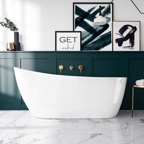 Richmond 1700mm Freestanding Slipper Bath | Bathroom Mountain Slipper Bath Bathrooms, Green And White Bathroom, Bathroom Panelling, Family Bathroom Design, French Style Bathroom, White Marble Tile Floor, Green Bathrooms, Shower Room Ideas, Toilet Ideas