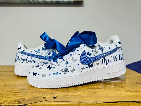 Personalized mis quince shoes Xv Shoes, Blue Quince Theme, Royal Blue Quinceanera Theme, Blue Quinceanera Theme, Quince Shoes, Light Blue Quince, Tenis Air Force, Quinceanera Shoes, Royal Blue Quinceanera