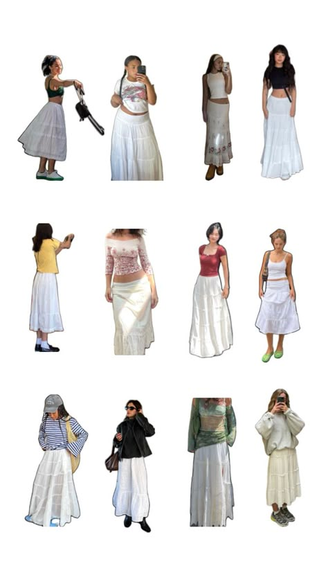 Outfit For Italy, Thrifty Aesthetic, White Flowy Skirt Outfit, Maxi White Skirt, Long Skirt Outfit Ideas, Flowy Skirt Outfit, White Maxi Skirt Outfit, Flowy Outfit, White Flowy Skirt