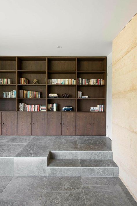 Dark Wood Bookshelves, Terraced Yard, Custom Bookshelf, Dark Wood Shelves, Oak Bookshelves, Floor To Ceiling Bookshelves, Custom Bookshelves, Dark Wood Cabinets, Dark Floors