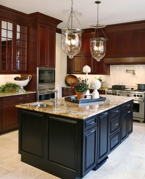 Beautiful lighting over counter Black Island, Black Kitchen Island, Cherry Kitchen, Brown Cabinets, Cherry Cabinets, The Enchanted Home, Kitchen Remodel Design, Brown Kitchens, Wood Kitchen Cabinets