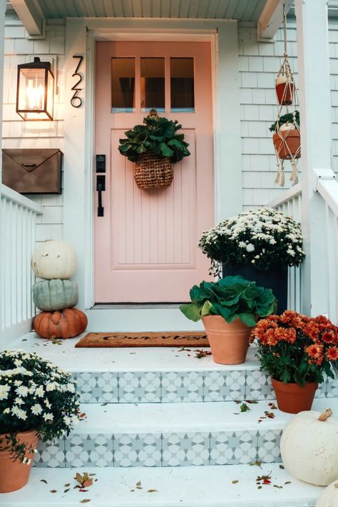 Fall Front Porch and Tile Front Steps - Nesting With Grace Fall Front Porch Ideas, Diy Curb Appeal, Nesting With Grace, Front Porch Ideas Curb Appeal, Fall Front Porch Decor, Exterior Paint Color, Front Steps, New England Homes, Fall Front Porch