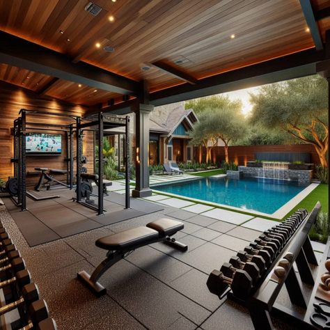 Create an ultimate backyard fitness space with a custom gym and pool. Get inspired by these stunning designs! #CustomGym #OutdoorFitness #PoolParty #SwimmingPool #PoolTime Outdoor Home Gym, Backyard Gym, Fitness Space, Dream Home Gym, Dream Gym, Gym Design Interior, House Gym, Workout Room Home, Gym Setup