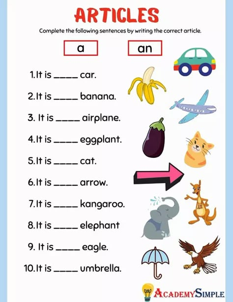 English Grammar Worksheets, Articles A-An #4 - Academy Simple Articles Worksheet, English Poems For Kids, English Homework, Teach English To Kids, English Grammar Exercises, English Grammar For Kids, Grammar For Kids, English Teaching Materials, Nouns Worksheet