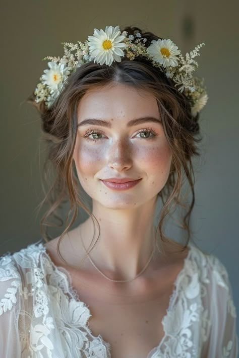 Flowers Crown For Wedding, Bridal Hair Half Up Flower Crown, Flowers Crown Wedding, Nature Inspired Hairstyles, Bridal Hairstyle Flowers, Short Hair With Flower Crown, Bridal Updo With Flower Crown, Bride Floral Crown, Boho Wedding Hair With Flower Crown