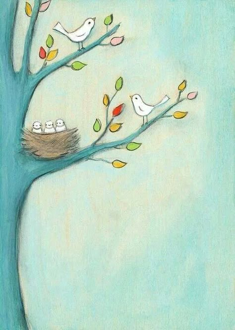 We are all many leaves of the same tree ~ Turquoise Wall Art, Baby Birds, Bird Canvas, 수채화 그림, Free Quilting, Art Drawings For Kids, Bird Illustration, The Nest, Birds Painting