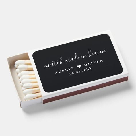 Match Made in Heaven Black & White Wedding Matches Simple Black And White Wedding, White Minimalist Wedding, Matchbooks Wedding, Matchbox Wedding Favors, Wedding Match Boxes, White Wedding Favors, Black Wedding Ideas, Nye Wedding, Black And White Minimalist