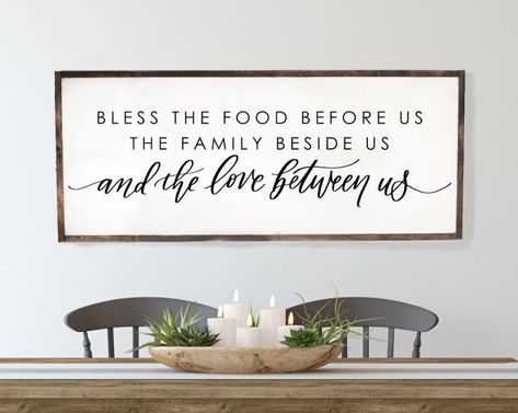 Finish off your dining room with this beautiful Bless The Food Before Us Farmhouse Wood Framed Sign that is sure to make a statement! Bless The Food Before Us, Modern Farmhouse Wall Decor, Bless The Food, Dining Room Wall Decor, Wood Frame Sign, Farmhouse Style Kitchen, Farmhouse Dining Room, Rustic Wall Art, Dining Room Walls