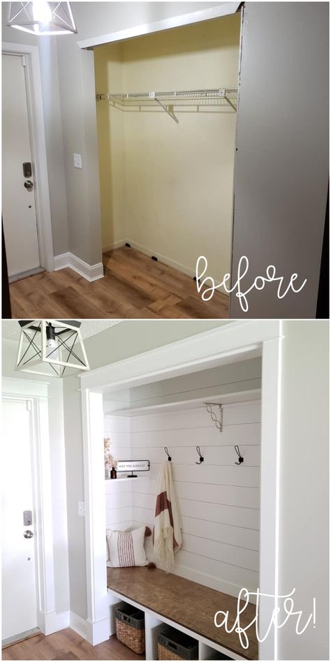 Closet Into Mudroom, Entry Closet Makeover, Entry Way Closet, Storage For Shoes, Mudroom Remodel, Front Closet, Entry Closet, Dream Basement, Entryway Closet