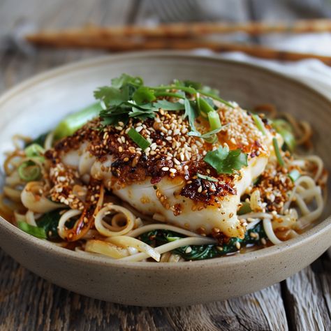 Sesame-Crusted Cod with Ginger Noodles | The Fish Society Fish With Risotto, Fish Noodles Recipe, Non Fishy Fish Recipes, Opakapaka-fish Recipe, White Fish Meal Prep, Recipes For Dinner Fish, Different Fish Recipes, Cod Stir Fry, Fish And Noodles Recipes