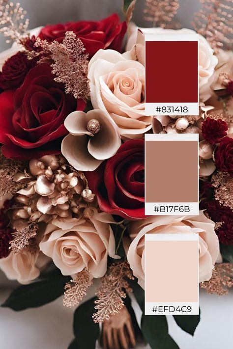 Red Colour Palette Wedding, Wedding Dark Red Theme, Deep Red Wedding Color Palette, Wedding Themes Maroon, Wine And Beige Wedding, Maroon Wedding Aesthetic, Burgundy And Pink Color Scheme, Rich Wedding Colors, Copper And Dusty Rose Wedding