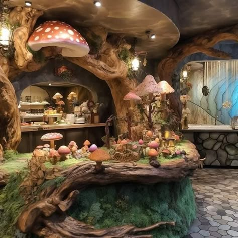 Inside Fairy House, Fairy Cave, Fairy Restaurant, Fairytale Cafe, Dream Bedroom Inspiration, Fairy Lights Bedroom, Fantasy Rooms, Fantasy Theme, Dome House