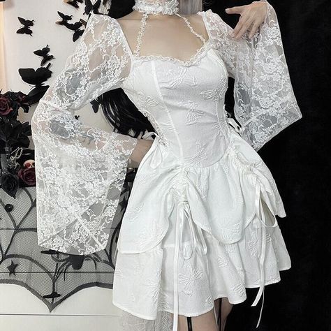 #ad Top Seller for Women Ruffle Dress Long Lace Flare Sleeve Gothic Halloween Party Club Cosplay, Fashion Dress Stylish Formal Dresses, Party Dress White, Ruffle Cake, Summer Black Dress, Kawaii Dress, Fairy Princess, White Dress Party, Black Flare, Gothic Dress