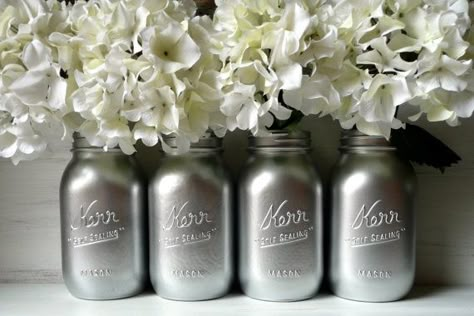 Silver Mason Jars, Silver Anniversary Party, 25th Anniversary Decorations, 60th Anniversary Parties, Anniversary Theme, Wedding Decor Vases, 25th Wedding Anniversary Party, Jars Ideas, Celebration Decorations