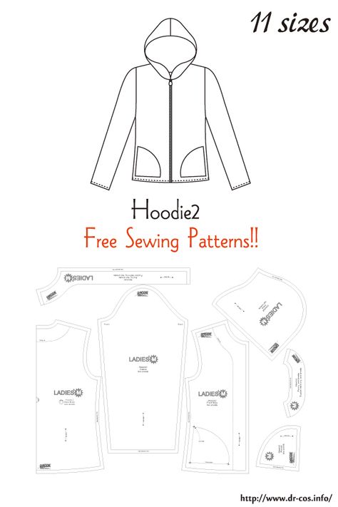 This is the pattern of a Hoodie2.   inch size(letter size) Children's-4,8,10/Ladies'-S,M,L,LL/Men's-S,M,L,LL   cm size(A4 size) Children's-100,120,140/Ladies'-S,M,L,LL/Men's-S,M,L,LL Make Hoodie, Pola Jaket, Hoodie Sewing, Hoodie Sewing Pattern, Sewing Templates, Free Sewing Patterns, Hoodie Pattern, Jacket Pattern Sewing, Baby Dress Patterns