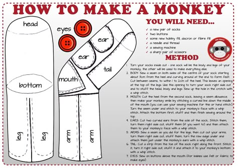 sock monkey instructions Glove Animals, Sock Monkeys Diy, Monkey Template, Sock Monkeys Tutorial, Sock Monkey Birthday Party, Sewing Plush, Sock Monkey Pattern, Sock Monkey Birthday, Monkey Birthday Parties