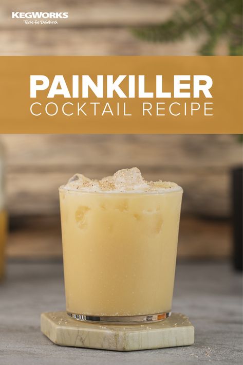 Drink Of The Day Cocktails, Dispenser Cocktail Recipes, Painkiller Drink Recipe, Squirt Drink Cocktail Recipes, Painkiller Cocktail Recipe, Pain Killer Cocktail, Frozen Painkiller Cocktail, Painkiller Drink, Big Batch Tiki Cocktails