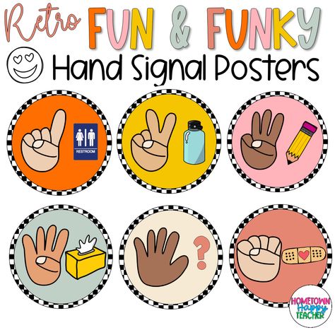 Hand Signals Posters - Retro Fun and Funky Decor Retro Classroom Decor Ideas, Hand Signals Classroom, Classroom Sign Language, Student Welcome Gifts, Behavior Punch Cards, Positive Behavior Management, Preschool Charts, Sign Language Chart, Classroom Assessment