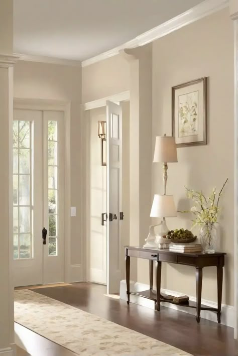 Transform your entryway with the timeless charm of Benjamin Moore's Pale Oak - the perfect 2024 wall color. Discover how to create a welcoming foyer that Pale Oak Walls Benjamin Moore, Eggshell Wall Color, Light Entryway Paint Colors, Wainscoting Color Ideas Living Room, Cream Walls With White Trim Living Room, Ivory Wall Paint Living Room, Passive Sherwin Williams Color Scheme, Bm Pale Oak Coordinating Colors, Entry Way Colors Paint Foyers