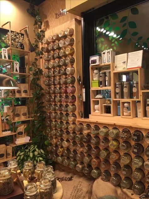 Herb Display Ideas, Medicinal Herb Storage, Herb Cabinet Organization, Mobile Herbal Store, Dnd Herbalist Shop, Practical Magic Herb Room, Herbalist Aesthetic Room, Apothecary Aesthetic Decor, Mobile Apothecary Shop