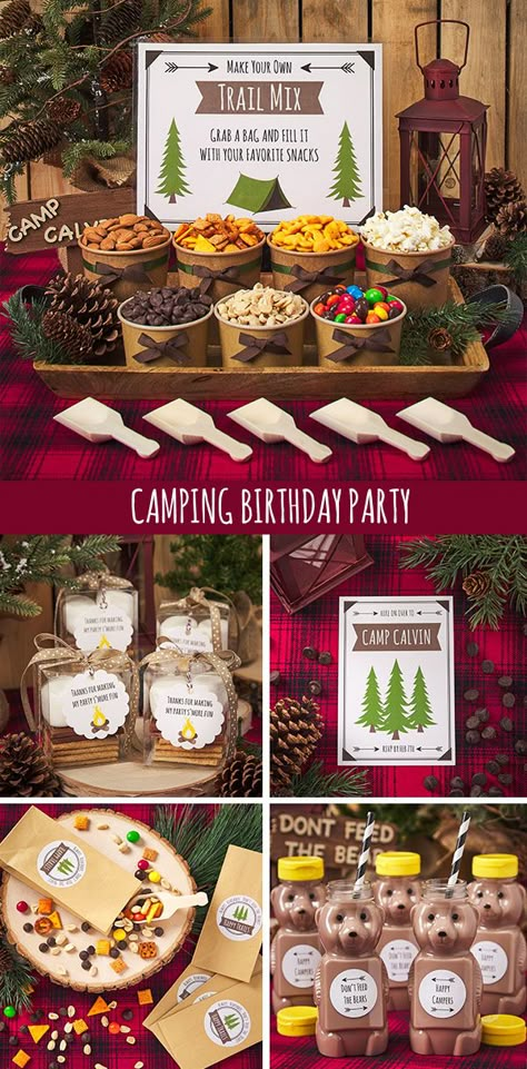 Campout Themed Birthday Party, Camp Out Bday Party, Camper Retirement Party Ideas, Camping Theme 3rd Birthday Party, Diy Camping Decorations Party Ideas, Bonfire Party Favors, Camping Theme Bday Party, Camping Theme Favors, Adventure Birthday Party Theme