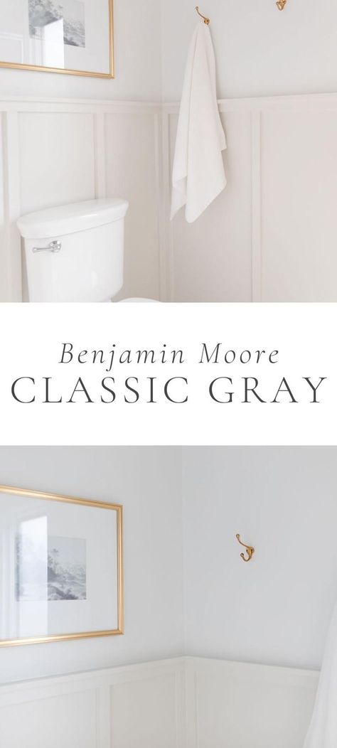 If you’re looking for the perfect neutral greige paint color, this one might win! Learn why Benjamin Moore Classic Gray is such a good greige! Classic Gray Bathroom, Best Warm Neutral Paint Colors, Neutral Bathroom Paint Colors, Classic Grey Bathrooms, Neutral Living Room Paint, Grey Bathroom Paint, Best Greige Paint Color, Greige Paint Color, Benjamin Moore Bathroom