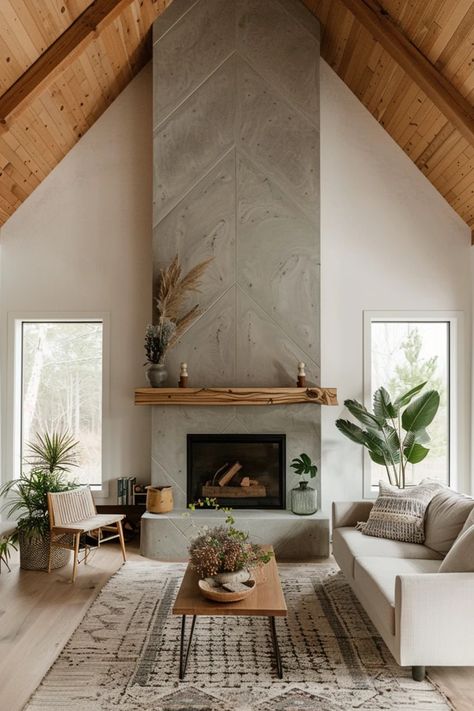 Discover elegant high ceiling fireplace wall ideas to transform your living space into a luxurious haven of warmth and style. Wooden Mantle On Stone Fireplace, High Ceiling Living Room Beams, Gas Fireplace Ideas Tall Ceiling, Fireplace Up To Ceiling, 2 Story Fireplace Tile, Fireplace 9ft Ceiling, Stone Fireplace With Gas Insert, Two Story Tile Fireplace, Fireplace Feature Wall Ideas Modern