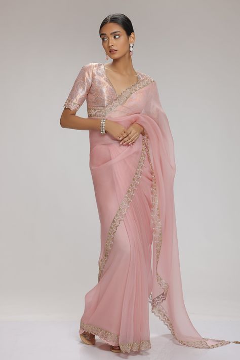 Shop for Chhaya Mehrotra Pink Embellished Saree With Blouse for Women Online at Aza Fashions Organza Saree Blouse Designs Latest, Organza Blouse Designs, Organza Saree Blouse Designs, Baby Pink Saree, Pink Saree Blouse, Pink Blouse Designs, Embellished Saree, Saree Organza, Unique Bridesmaid Dresses