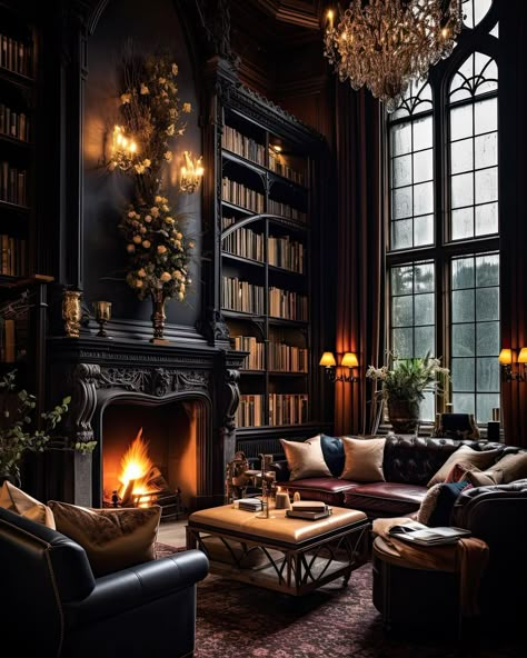 Dark Academia Interior, Dream Home Library, Dark Academia Home, Home Library Rooms, Dark Home Decor, Home Library Design, Casa Vintage, Dark Home, Home Libraries