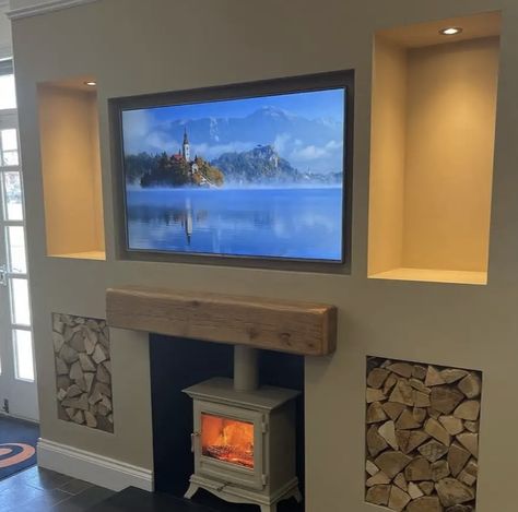 Media Wall With Log Burner, Media Walls, Wall Fireplace, Room Decor Inspiration, Living Room Decor Inspiration, Log Burner, Media Wall, Fireplace Design, New House Ideas