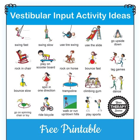 Vestibular Input Activities and Ideas to Help Children - Your Therapy Source Vestibular Seeking Activities, Vestibular System Activities, Vestibular And Proprioceptive Activities, Atnr Integration Exercises, Vestibular Input Activities For Kids, Vestibular Sensory Activities, Proprioception Activities For Kids, Vestibular Activities Kids, Proprioceptive Activities For Kids