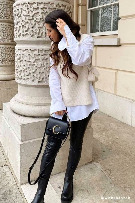 25+ Chic Leather Leggings Outfits + Best Tops to Wear Pair Them With. Leather leggings are a must-have in every woman’s wardrobe, and we're sharing the best tops to pair with them for summer, fall, spring, and winter. Learn how to style leather leggings with sweaters, blazers, sweatshirts, graphic tees, and more. Whether it’s for a night out, casual day, work, or a concert, we have faux leather leggings outfits for every occasion. Chic outfits, casual outfits, classy outfits. Styling Leather Leggings, How To Style Leather Leggings, Taupe Leather Jacket, Style Leather Leggings, Faux Leather Leggings Outfit, Trendy Overalls, Chic Style Inspiration, Style Wide Leg Jeans, Leather Leggings Outfit