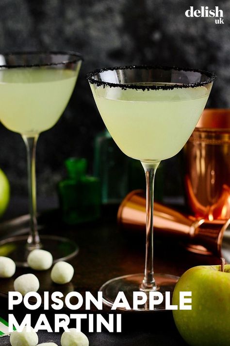 Our Poison Apple Martini is going to be one of your go-to cocktail recipes for the spooky season. Flavoured with apple bonbon sweets, the apple liqueur is made in the dishwasher - but if you don't have one, or don't fancy using it, leave the jar with the sweets and the vodka in a cool, dark place for 48 hours, shaking occasionally until fully dissolved. We've added black sprinkles for a bit of fun, but if you can't get your hands on some, feel free to swap out for some melted chocolate. Poison Apple Martini, Poison Apple Cocktail, Halloween Martini, Apple Martini Recipe, Boozy Shakes, Halloween Themed Drinks, Apple Cocktail, Halloween Menu, Apple Martini