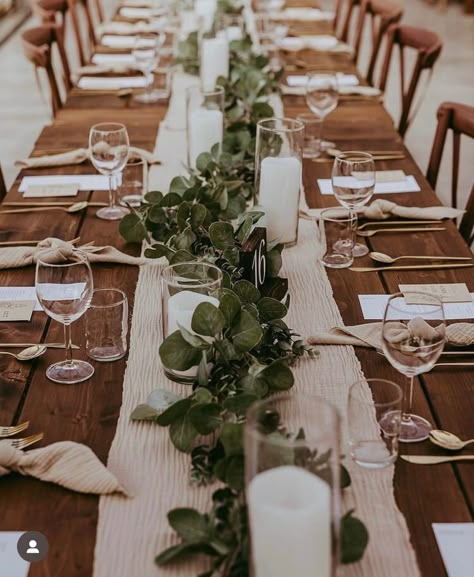 Wood Table Decorations Wedding, Modern And Rustic Wedding Decor, Wedding Eucalyptus Table, Burlap Tablecloth Wedding, Long Table Rustic Wedding, Fall Neutral Wedding Decor, Farmhouse Wedding Tablescape, Long Table Wedding White Tablecloth, Wooden Tables Wedding Decor