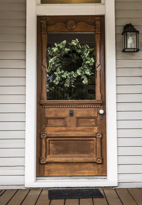 Front Door Small Window, Wood Front Door And Shutters, Rustic Wooden Front Door, Antique Farmhouse Front Door, Front Door Antique, French Cottage Front Door, Glass Pane Front Door, Colonial Style Front Door, Tiny Door Ideas