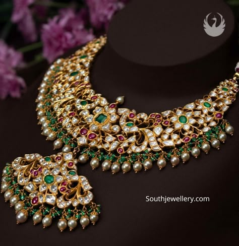 22k gold antique peacock and floral design necklace adorned with polki diamonds, rubies, emeralds, hanging green beads and south sea pearls by PMJ jewels. Pmj Jewels Jewellery, Green Emerald Necklace Indian, South Jewellery Designs, Green Beads Jewellery Designs, Kundan Jewellery Bridal, Gold Peacock, Antique Gold Jewelry Indian, Indian Bridal Jewelry Sets, Bridal Jewellery Design