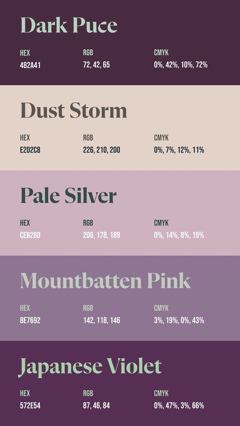 Colors: 482A41 ° E2D2C8 ° CEB2BD ° 8E7692 ° 572E54 Dark Whimsical Color Palette, Clothing Color Pallets, Lavender And Cream Color Palette, Color Pallet Hex Code, Discord Hex Codes, Witchy Color Palette Hex Codes, Pallet Color Ideas, Color Hex Palette, Dark Color Combos