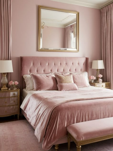 Pink Wall Pictures, Old Money Bedroom Aesthetic, Dusty Pink Bedding, Old Money Bedroom, Girly Interior, Tufted Headboard Bedroom, Rose Gold Bed, Aesthetic Wall Pictures, Interior Design Pink